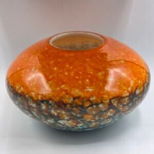 Hand Blown Art Glass Blue Orange Swirl Round Vase Fountain Lava Glass